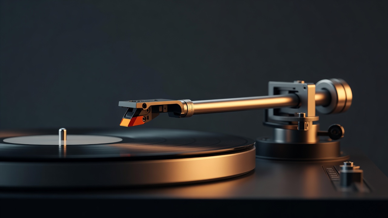 Bras de lecture d'une platine vinyle en position d'équilibre, flottant à l'horizontale au-dessus du plateau, montrant le contrepoids et la bague graduée